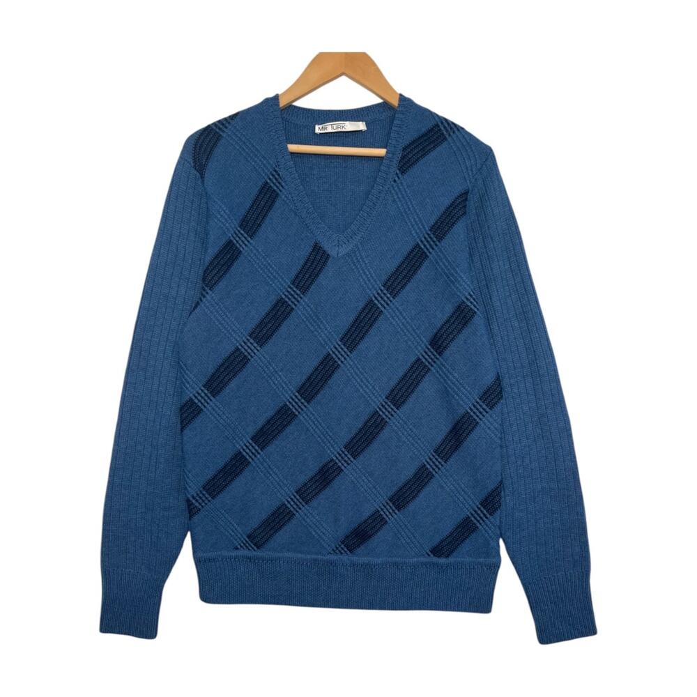 Mr Turk Sweater Mens Medium Blue Merino Wool Argyle V Neck Preppy Classic Fall